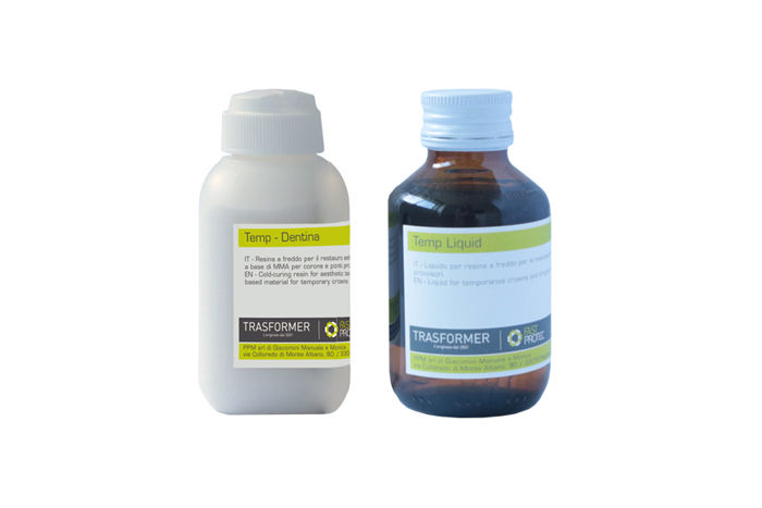 TEMP POWDER & LIQUID – TRANSFORMER Acrílico à cor do dente para temporários. Disponível nas cores dentina A1, A2, A3, A3,5 e A4 e insisal SE1, SE2 e SE3.